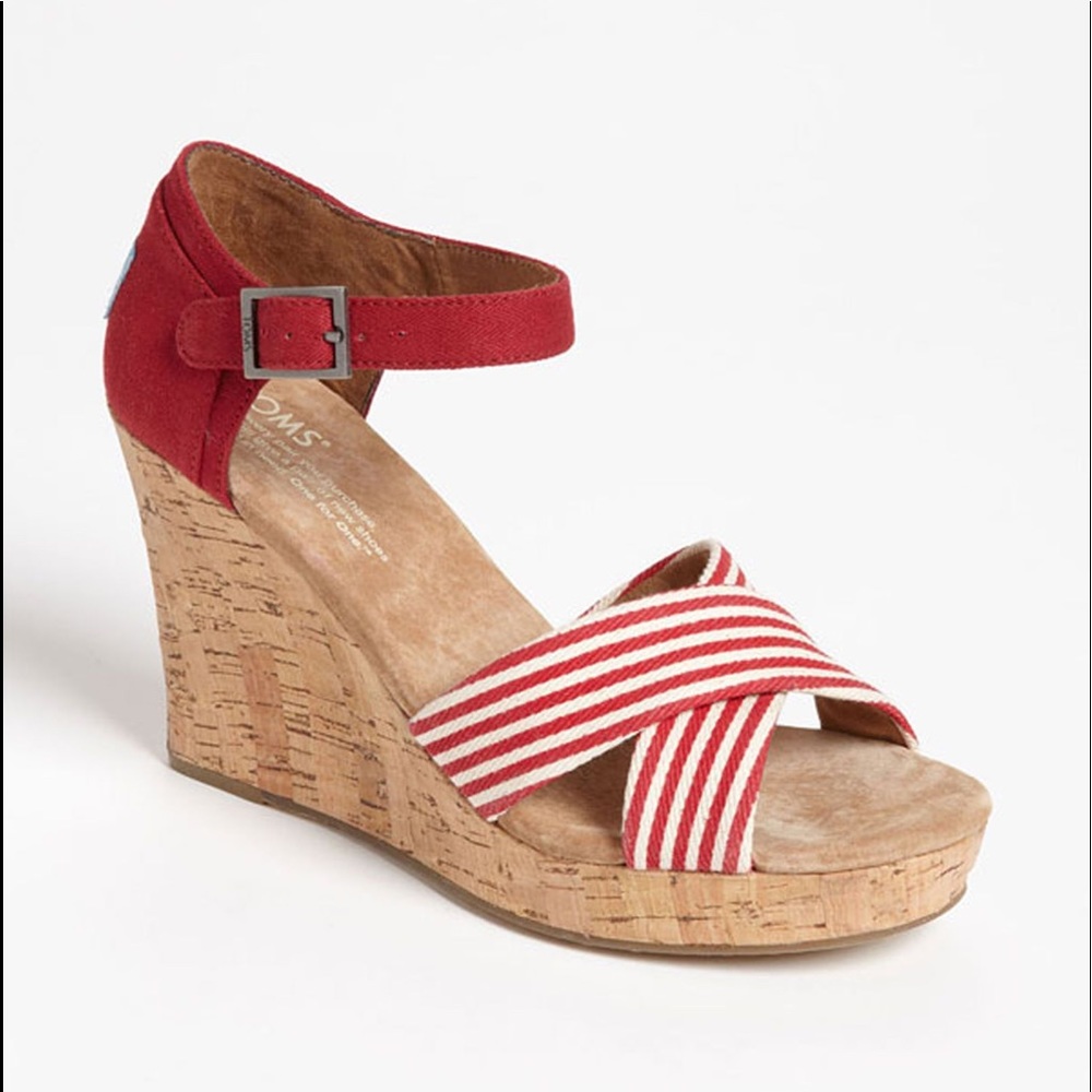 Toms red striped peep toe ankle strap wedges